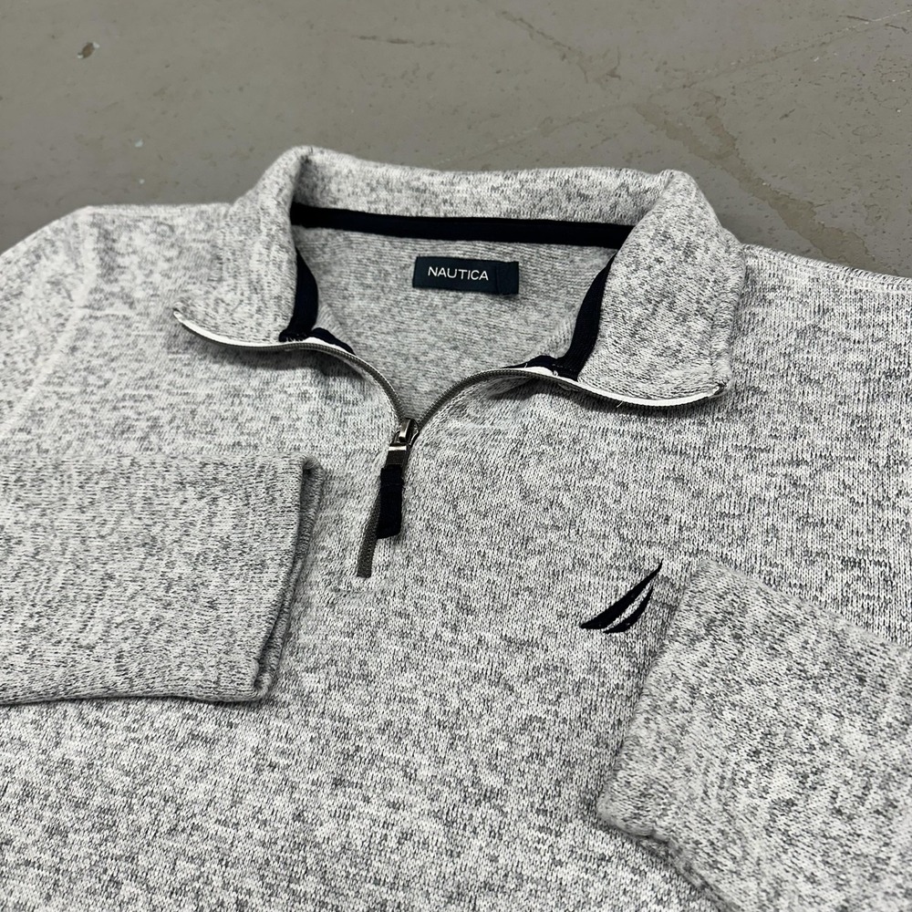 Nautica Sweater Mens Large Gray 1/4 Zip Mock Neck Knit Pullover Logo Casual